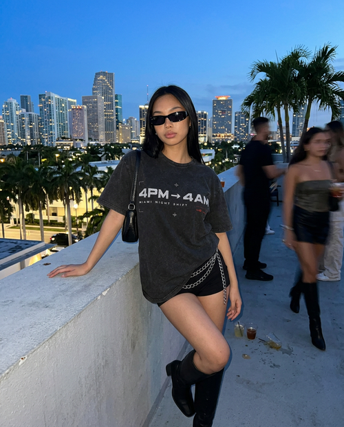 4PM → 4AM Tee worn in an influencer-style festival photo