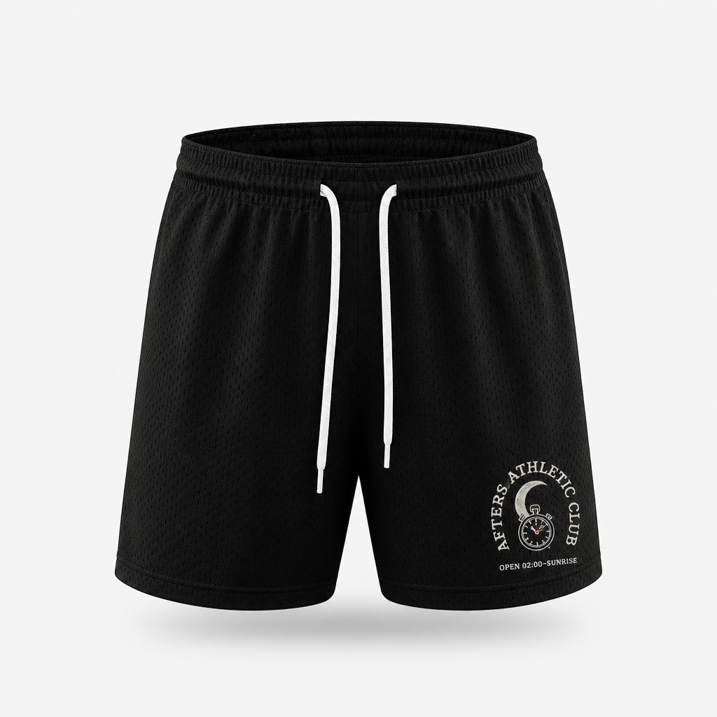 Afters Athletic Club black mesh festival shorts