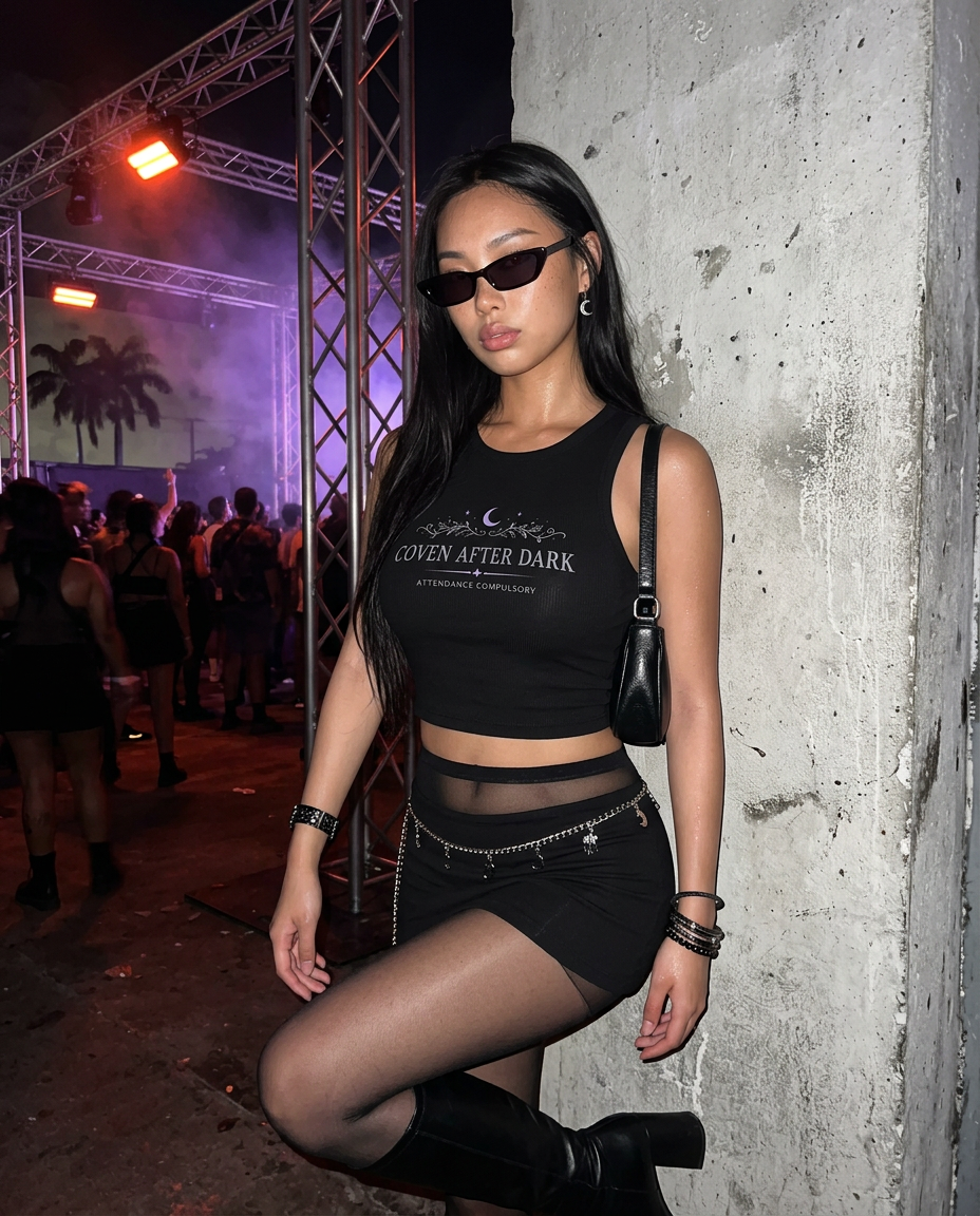 Coven After Dark Crop Tank worn at a late-night warehouse festival