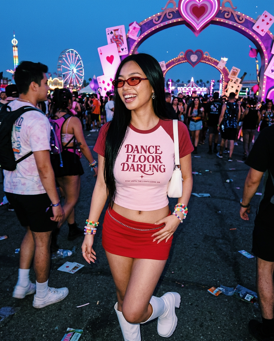 Dance Floor Darling Baby Tee worn at a colourful rave festival