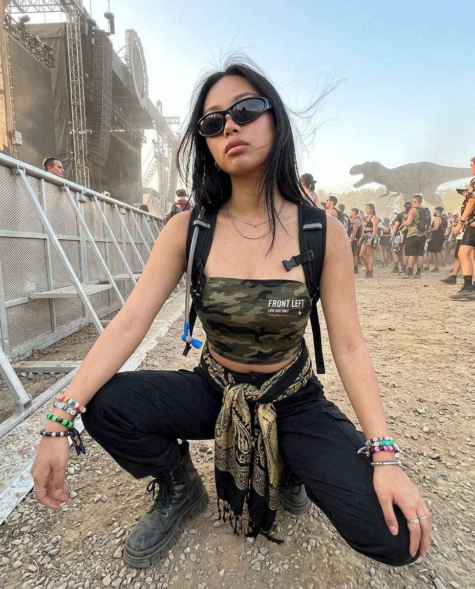 Front Left Camo Tube Top worn at a bass music festival
