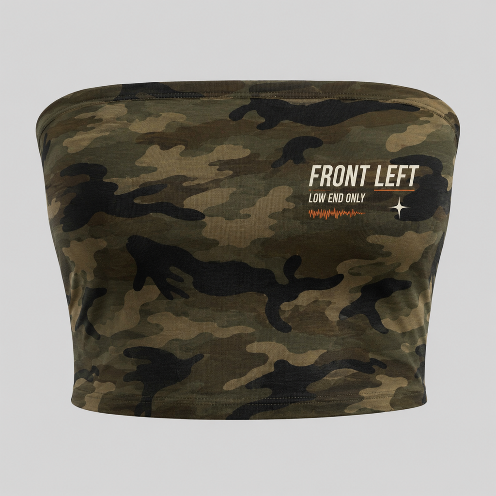 Front Left women's camo cropped tube top