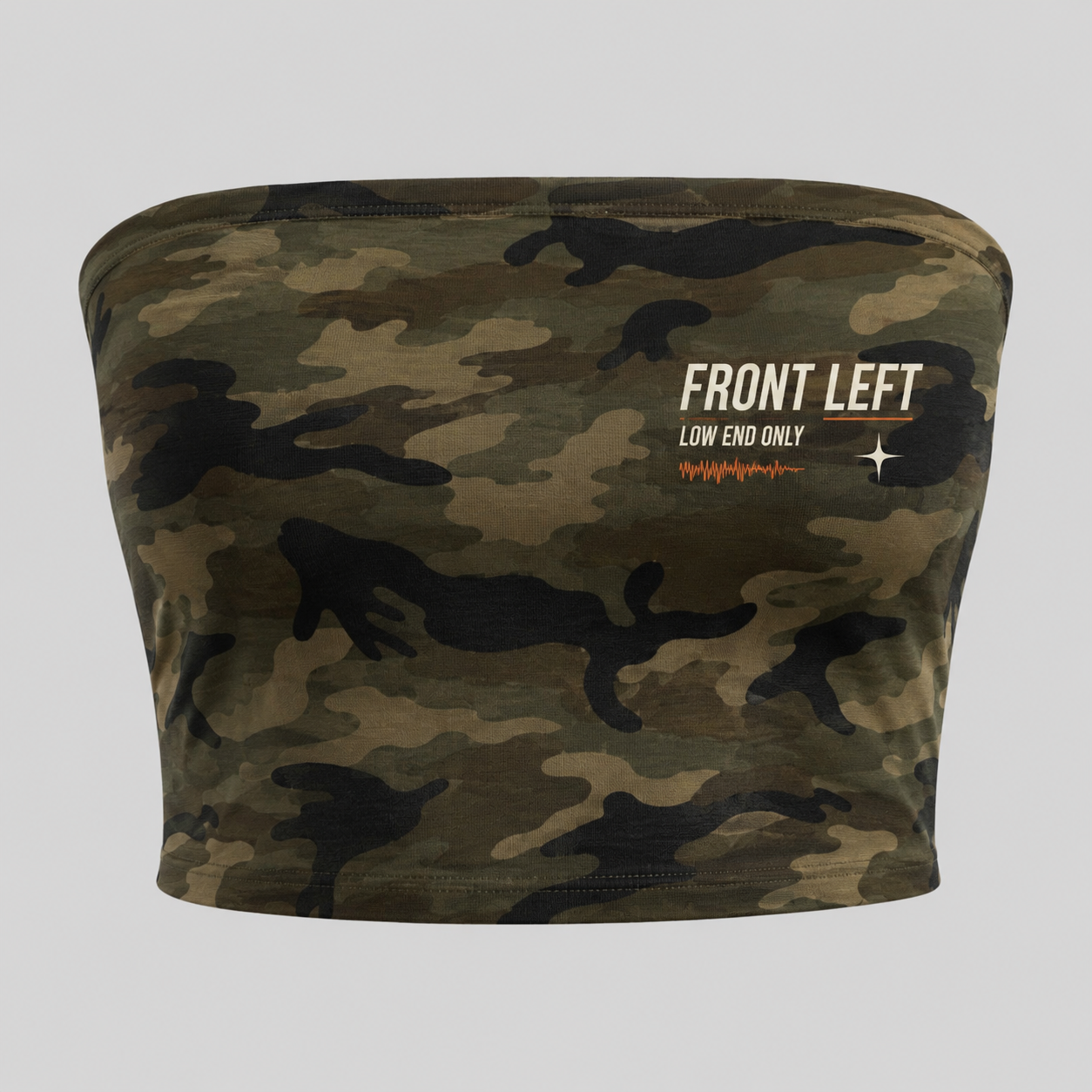 Front Left women's camo cropped tube top