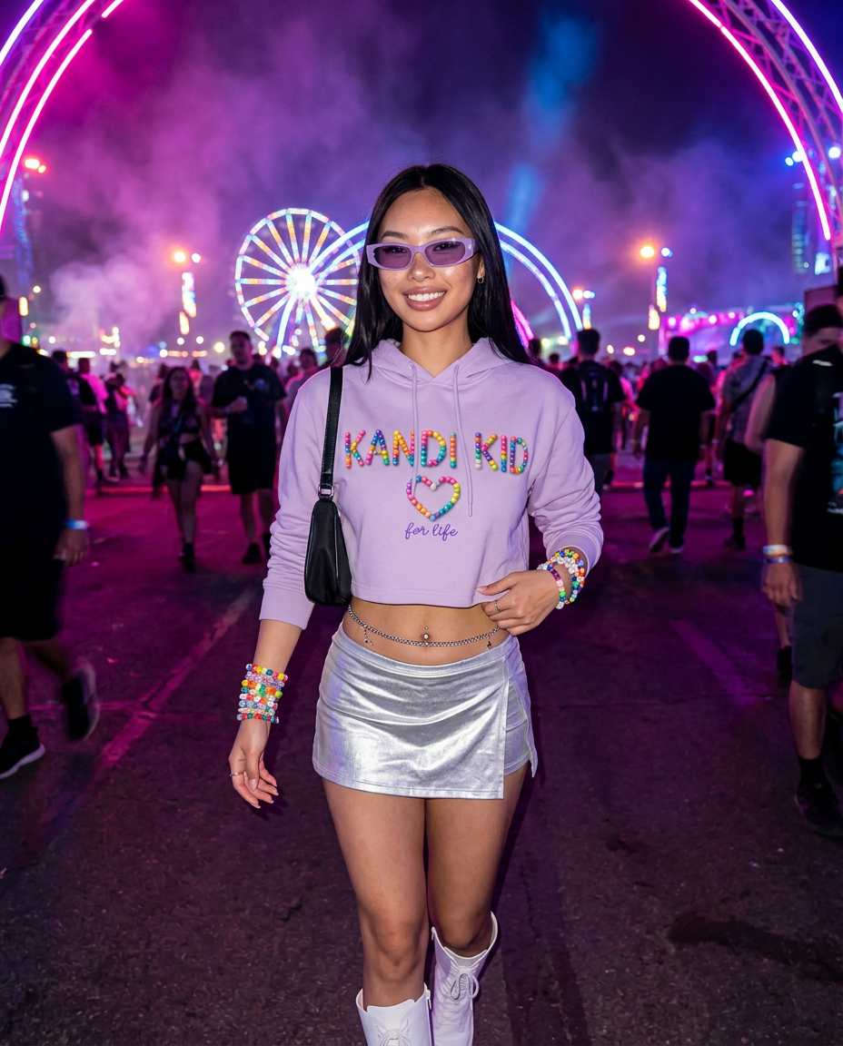 Kandi Kid Cropped Hoodie worn at a colourful electronic music festival