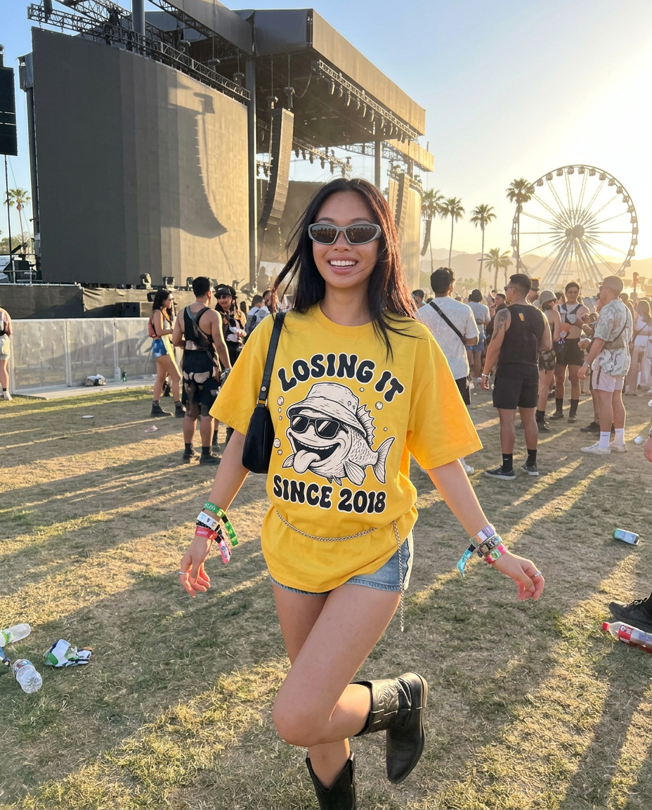 Losing It Tee worn at a golden-hour tech-house festival