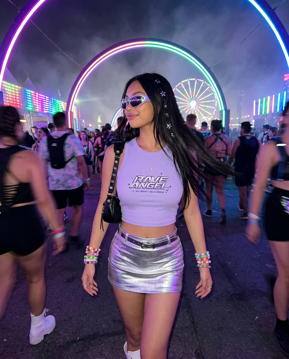 Rave Angel Crop Tank worn at a colourful electronic music festival