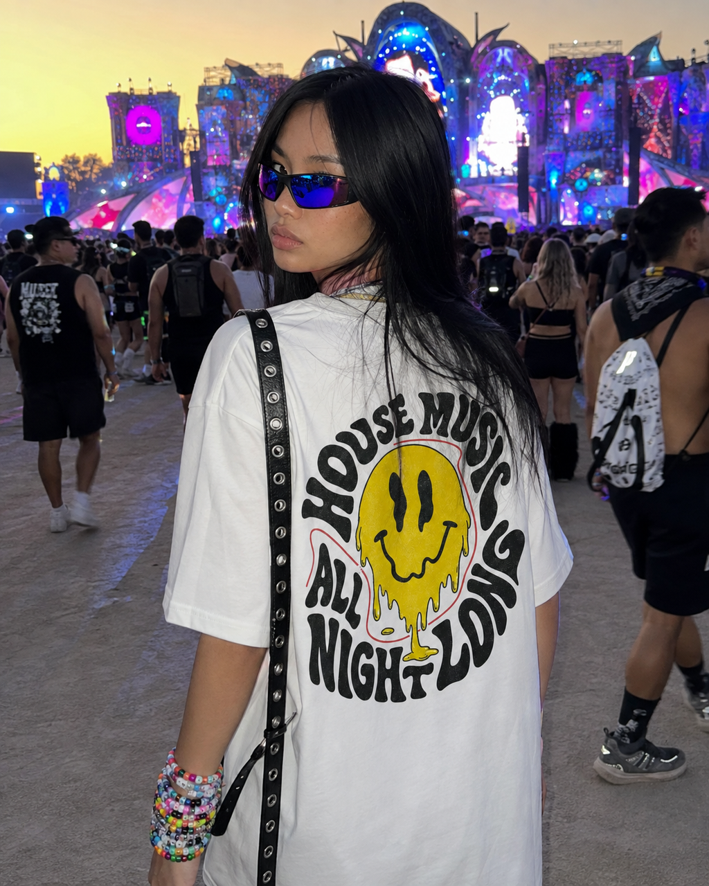 Sunday House Music Tee - House Music All Night Long graphic worn at an electronic music festival