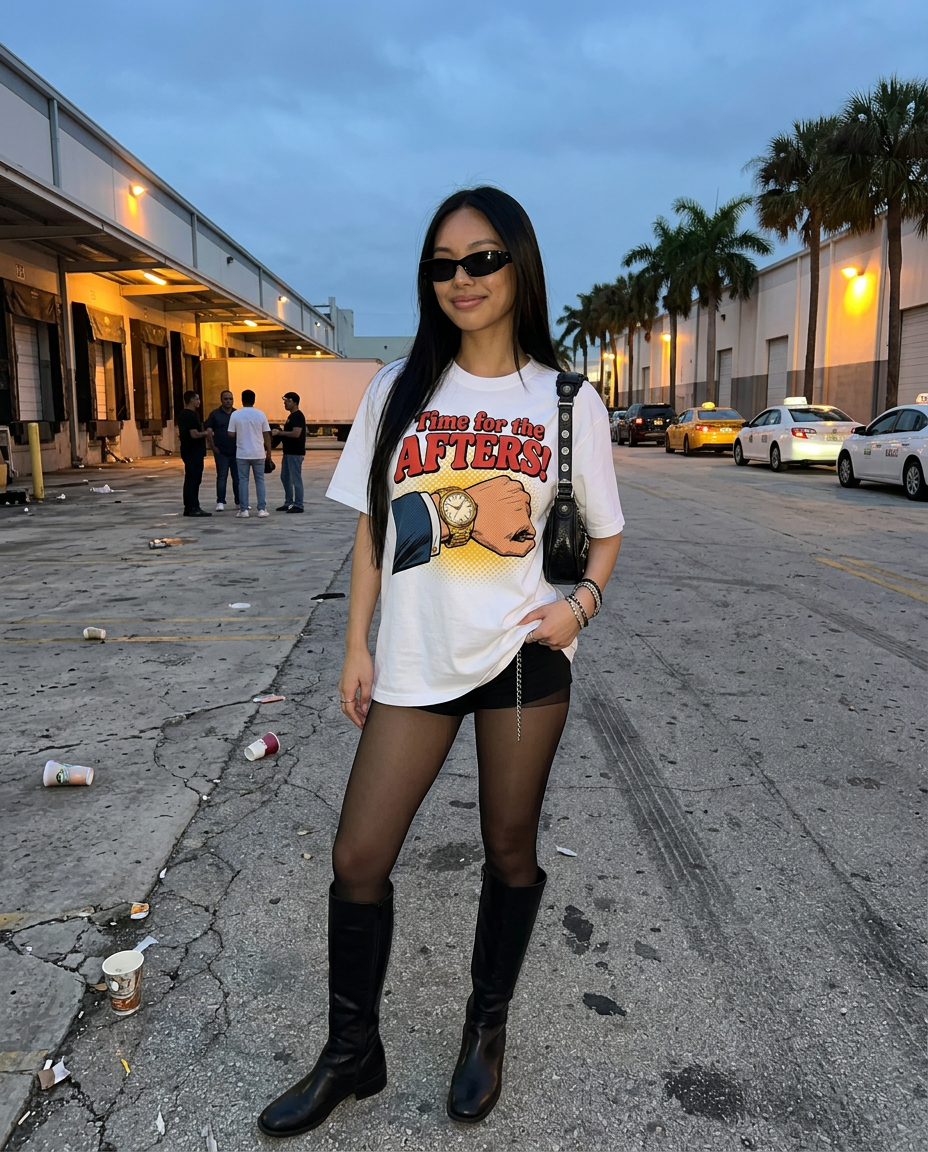 Time For The Afters Tee worn outside an after-hours warehouse venue at dawn