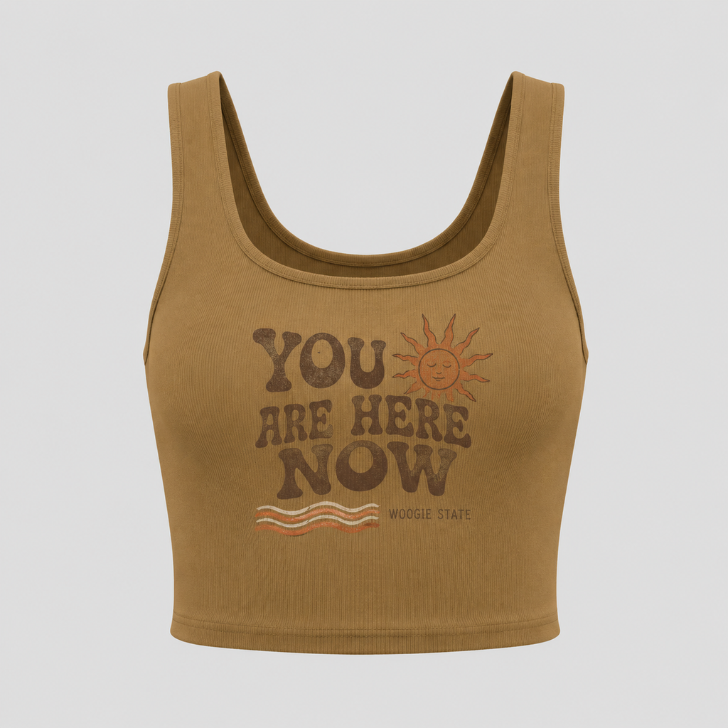 You Are Here Now women's camel cropped tank top