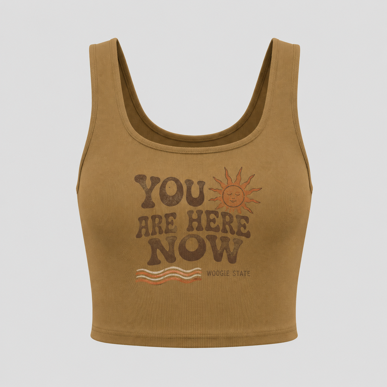 You Are Here Now women's camel cropped tank top